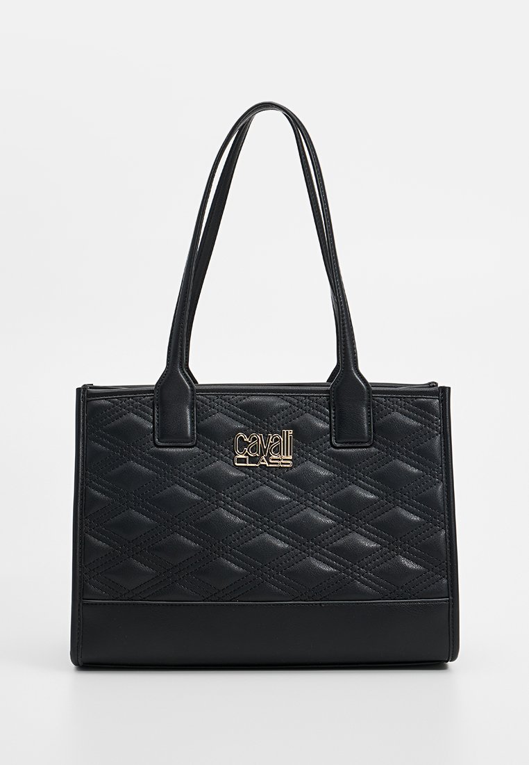 Borsa a tracolla nera trapuntata in ecopelle, caratterizzata da manici doppi e un accento con logo dorato nella parte anteriore. Forma rettangolare.