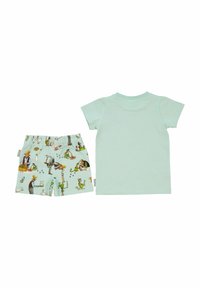 Mintgrön T-shirt med korta ärmar som är ihop med matchande shorts som har färgglada djur- och aktivitetsillustrationer på en ljusblå bakgrund.