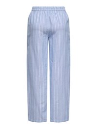 Pantalon bleu clair avec rayures verticales blanches, taille élastique et coupe droite.