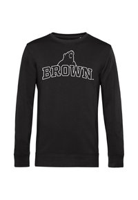 Zwarte sweatshirt met lange mouwen van katoen, voorzien van witte tekst "BROWN" en een beerafbeelding op de voorkant, met ribgebreide mouwen en rand.