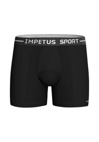 Schwarze Sportboxershorts aus elastischem Material, mit einem grauen elastischen Bund, der das Branding "IMPETUS SPORT" trägt, und einer figurbetonten Passform.