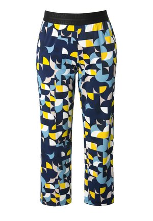 Volné kalhoty s geometrickým vzorem v námořnické modři, světle modré, žluté a bílé barvě, se černým elastickým pasem.