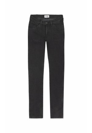 Jeans in denim nero con una vestibilità slim, caratterizzati da un classico design a cinque tasche, dettagli cuciti e una chiusura con zip e bottone.