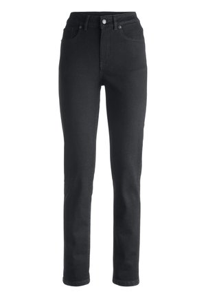 Zwarte high-waisted jeans van denim, met een rechte pijp, vijf-pocket ontwerp en metalen knoopsluiting met contrasterende stiksels.