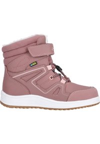 Wasserdichter pinkfarbener Sneaker-Stiefel mit einer strukturierten, matten Oberfläche, weichem weißen Innenfutter, verstellbarem Riemen und einer Gummisohle für Trittfestigkeit.