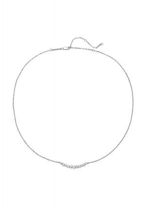 Silver chain necklace featuring a delicate design with a series of small, round accents at the center, providing subtle shimmer and elegance.