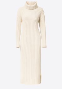 Gestricktes, cremefarbenes Rollkragenkleid mit strukturierter Rippoptik, langen Ärmeln und seitlichen Schlitzen. Knielang mit figurbetonter Silhouette.