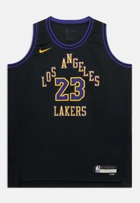Czarny koszulkowy strój do koszykówki z napisami "LOS ANGELES" w żółto-fioletowej kolorystyce, numerem "23" oraz napisem "LAKERS" w żółtym kolorze. Logo Nike na przodzie.