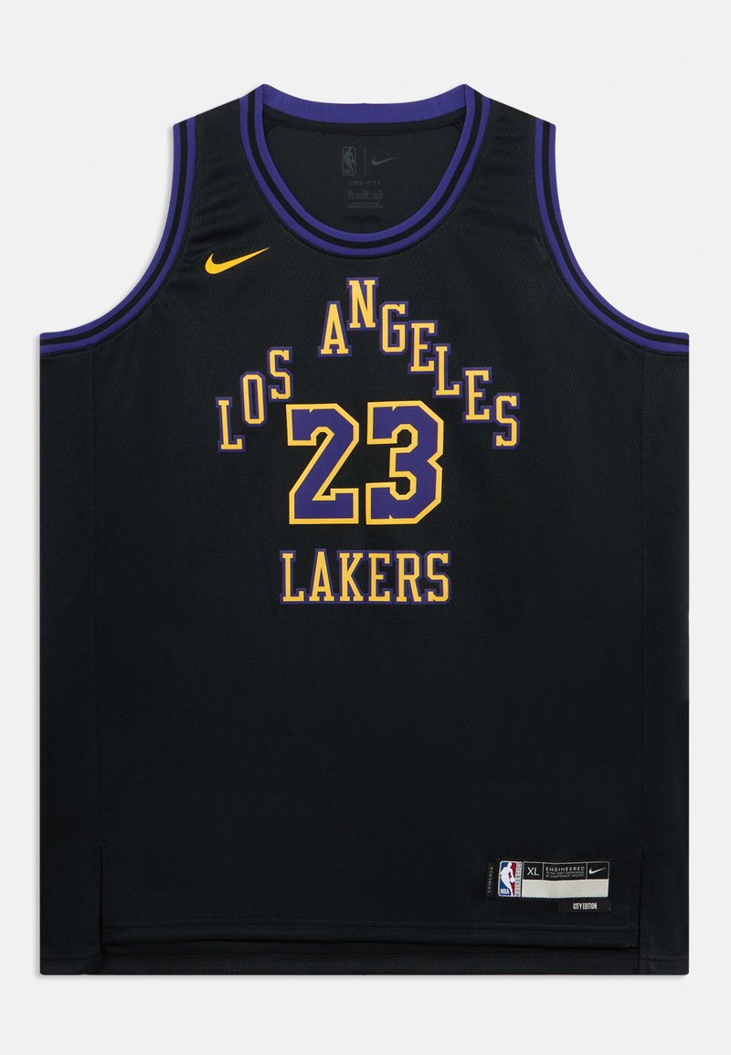 Czarny koszulkowy strój do koszykówki z napisami "LOS ANGELES" w żółto-fioletowej kolorystyce, numerem "23" oraz napisem "LAKERS" w żółtym kolorze. Logo Nike na przodzie.