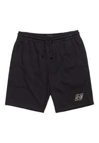 Zwarte katoenen shorts met een elastische tailleband, voorzien van een trekkoord, zijzakken en een witte logo-accent op de onderzoom.