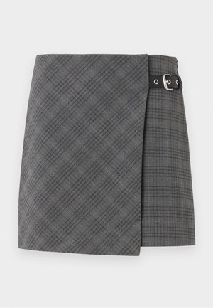 Gray plaid mini skirt with a wrap-around design, featuring a black belt with a silver buckle and a smooth texture throughout.