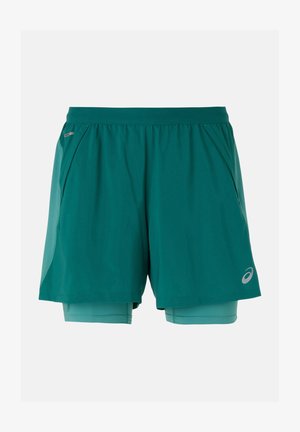 Teal atletiske shorts med indvendig foring, der har en glat tekstur, en taljebånd med snøring og sidelommer. Reflekterende logodetalje til stede.