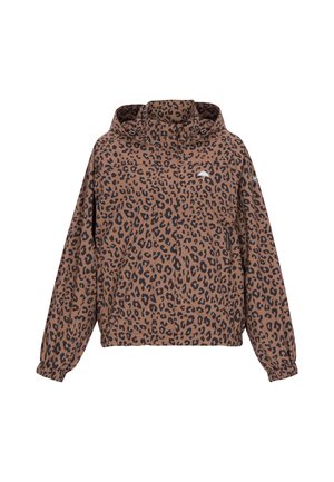 Barna, könnyű dzseki fekete leopárdmintával, kapucnival, elasztikus mandzsettákkal és egy kis logóval a mellkason. Cipzárak az oldalzsebeknél.