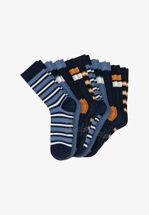 Sette paia di calzini a righe in blu, navy, bianco e arancione, disposti a ventaglio su uno sfondo bianco.
