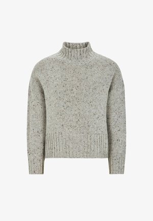 Harmaa, neulottu korkea kaulusneule rentoa tyyliä, jossa on tekstuuri ja ribbineuleiset hihansuut ja helma. Kevyempiä ja tummempia sävyjä läpi neuleen.