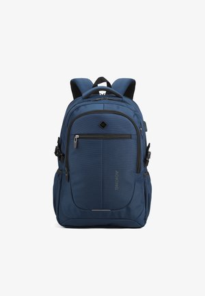 Sac à dos de la marque Aoking bleu avec plusieurs compartiments zippés, bretelles rembourrées, poches latérales et poignée supérieure.