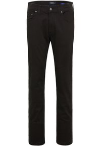 Czarne dżinsy o wąskim kroju, z klasycznym pięciopocketowym wzorem, metalowym zapięciem na guzik oraz subtelnymi detalami przeszycia.