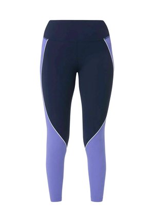Sportsleggings met hoge taille, marineblauwe voorpanelen en lavendelkleurige zijkanten en onderbenen, gescheiden door een dunne witte bies.
