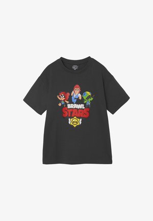 Black cotton t-shirt with short sleeves featuring colorful cartoon characters in action and the text "BRAWL STARS" in bold red.