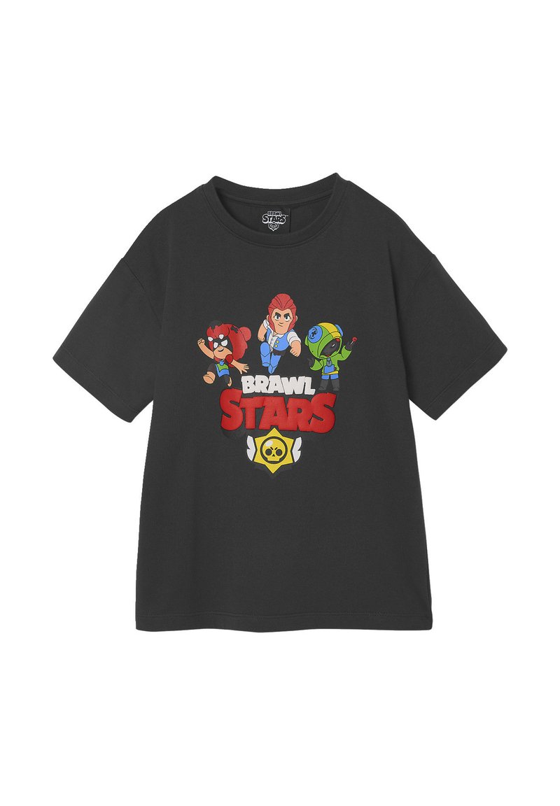 Schwarzes Baumwoll-T-Shirt mit kurzen Ärmeln, das farbenfrohe Cartoon-Charaktere in Aktion und den Text "BRAWL STARS" in fettem Rot zeigt.