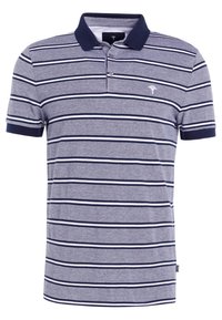 Polo gris avec des rayures navy, manches courtes et un col navy. Présente un petit logo blanc sur la zone gauche de la poitrine.
