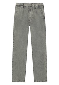 Grå denimjeans med en lätt urtvättad textur, rak ben-design, fem fickor och metallknappslutning.