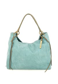 Grande borsa in suede teal con una superficie liscia, dotata di due manici in pelle, hardware dorato e dettaglio intrecciato decorativo.