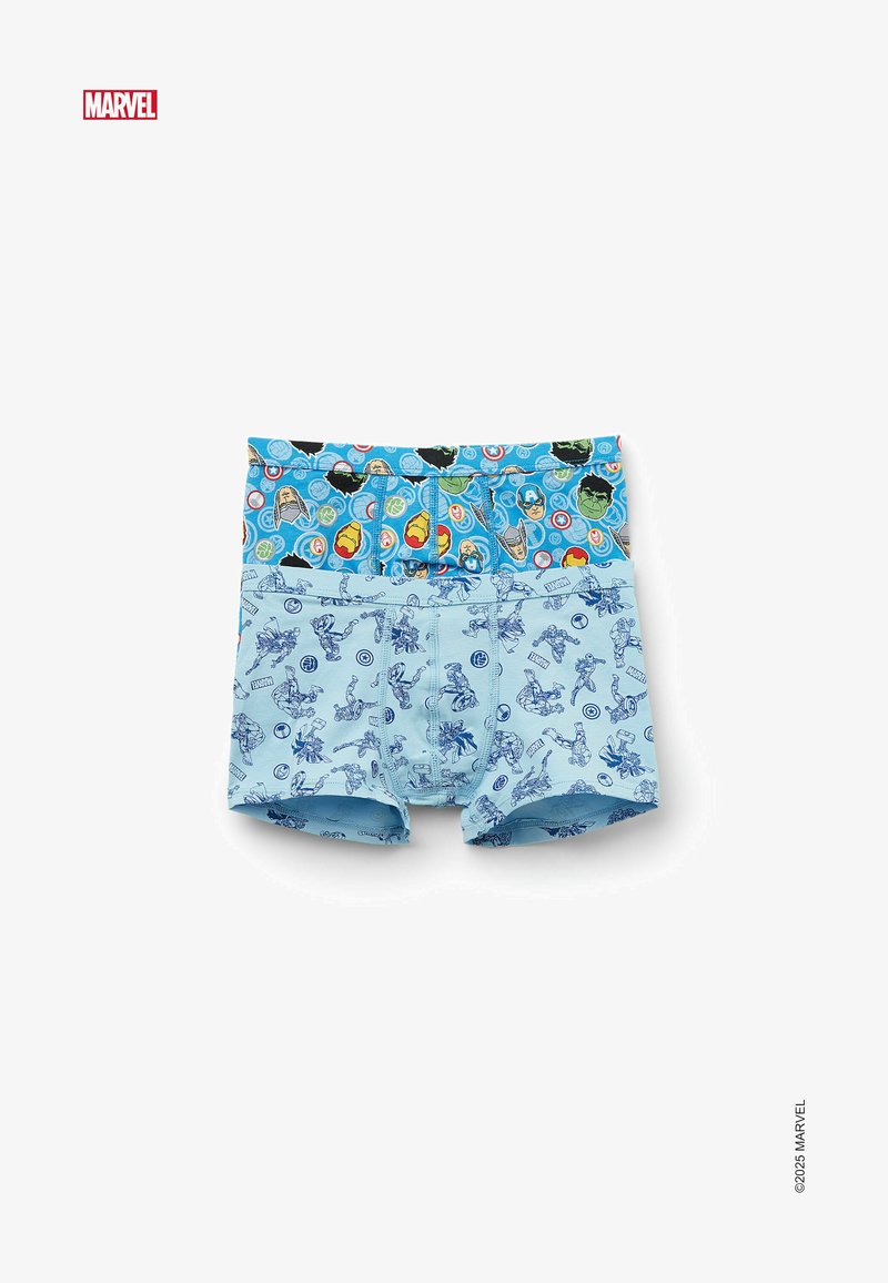 Modré boxerky s potiskem superhrdinů Marvel. Jedny mají různé postavy, zatímco druhé mají vzorovaný pas s logy.