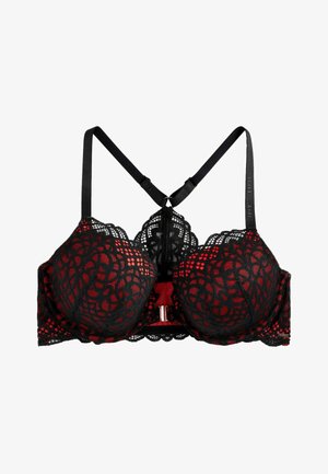 Zwarte kant beha met rode accenten, gedetailleerd bloempatroon, onderwire cups, verstelbare banden en gouden hardware in het midden.