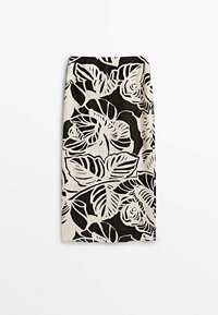 Jupe crayon noire et blanche avec grands motifs floraux et feuillages, coupe droite, taille haute.