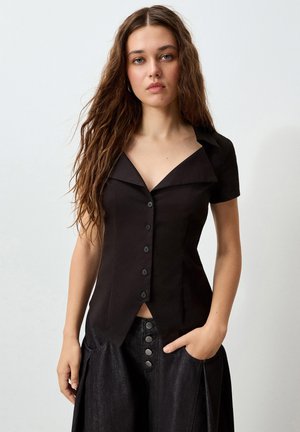 House, BLUSE MIT KURZEN ÄRMELN - Button-down blouse - black