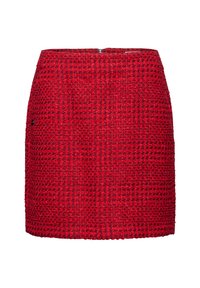 Röd tweed minikjol med ett texturerat mönster och en dold dragkedja bak, med rak skärning och utan synliga fickor.