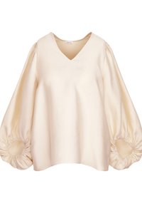 Blusa crema con scollo a V, maniche lunghe a palloncino e dettagli arricciati ai polsini, realizzata in un tessuto leggero e morbido.