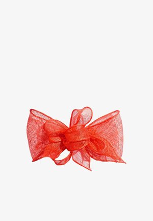 Red decorative mesh bow with layered loops and a central knot, designed for gift wrapping or festive decor on a white background.