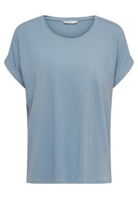 Light blue cotton t-shirt with short rolled sleeves, round neckline, and a loose fit. Smooth texture, casual design without embellishments.