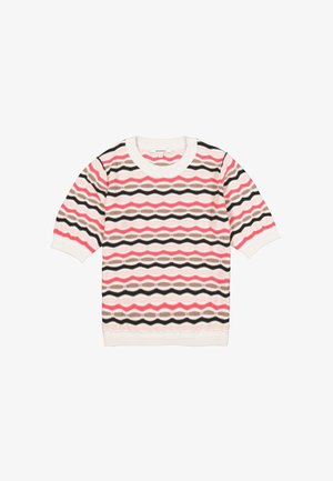 Gestrickter Pullover mit kurzen Ärmeln, mit einem Wellenmuster in Rosa, Schwarz und Braun auf hellem Hintergrund. Rippbündchen am Rundhalsausschnitt.