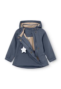 Giacca esterna blu con interni beige, dotata di cappuccio, bottoni a pressione e polsini elasticizzati. Include un'etichetta a forma di stella bianca.
