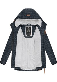 Giacca da uomo, blu navy con motivo ondulato, chiusura con zip e cappuccio. Fodera interna grigia morbida, con etichetta in pelle e etichetta di cura.