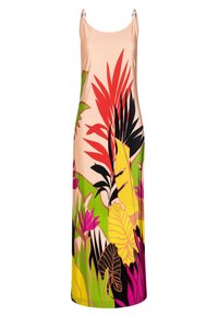 Robe sans manches en satin pêche avec des feuilles et des fleurs tropicales vives en rouge, vert, rose et noir ; présente des accessoires décoratifs sur les bretelles.