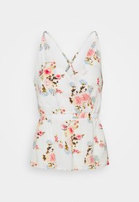 Bloemmotief top met een witte basis, gekenmerkt door een V-hals, verstelbare bandjes en een gathered taille. Ontworpen met roze en blauwe bloemenpatronen.