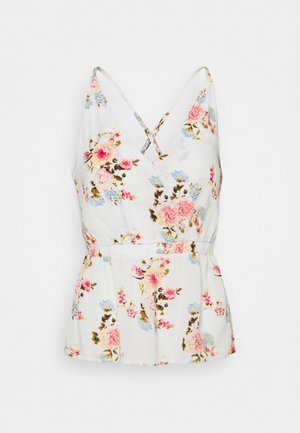 Top floreale con base bianca, caratterizzato da una scollatura a V, spalline regolabili e vita arricciata. Disegnato con motivi di fiori rosa e blu.