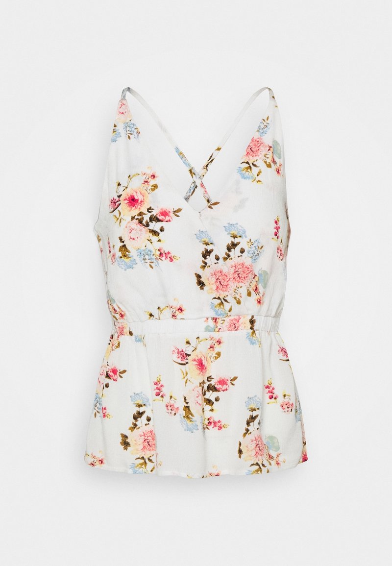 Bloemmotief top met een witte basis, gekenmerkt door een V-hals, verstelbare bandjes en een gathered taille. Ontworpen met roze en blauwe bloemenpatronen.