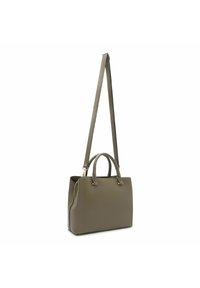 Sac à main structuré vert olive en matériau texturé, doté de deux poignées et d'une bandoulière amovible. Accents en métal doré.