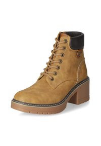 Tan leather ankle boots with brown accents, round toe, lace-up front, and chunky heel. Features textured surface and contrasting stitching.