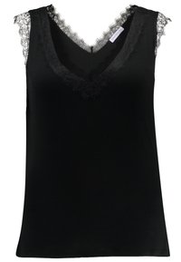 Top senza maniche nero con scollo a V, caratterizzato da un bordo in pizzo lungo il collo e le spalle. Realizzato in tessuto morbido, con una texture liscia.