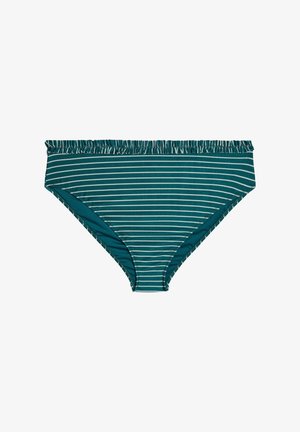 Slip bikini turchese con strisce orizzontali bianche, con fascia arricciata in vita, realizzati in materiale elastico con una texture liscia.