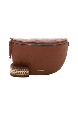 Brun tekstureret læder crossbody taske med lynlåslukning og et mønstret, aftageligt stofrem.