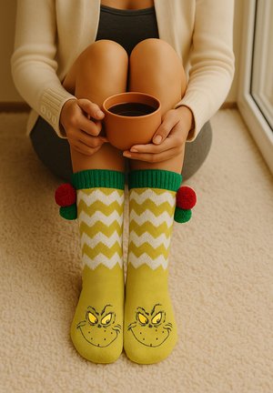 Green and yellow zigzag socks with Grinch face designs, topped with green cuffs and red pom-poms, paired with a brown cup.