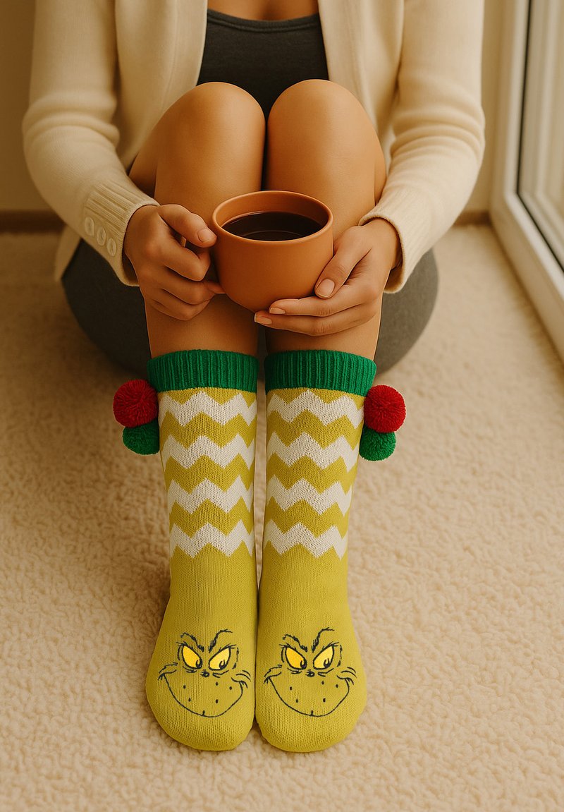 Calze zigzag verdi e gialle con design della faccia del Grinch, bordate con polsini verdi e pompon rossi, abbinate a una tazza marrone.