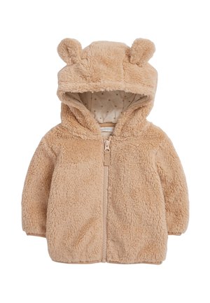 Beigen pehmeä fleece-vauvantakki etuvetoketjulla ja hupulla, jossa on kaksi pientä pyöreää karvakuonokorvaa.